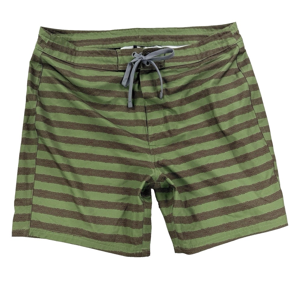 Mens PrAna Board Shorts Swim Trunks Green Brown Striped Sz 36 Surf Beach